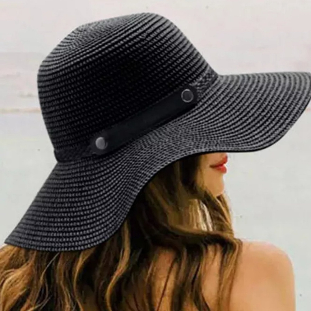 Black Wide Brim Straw Hat – Strap Trim, Travel-Friendly, Beach Ready